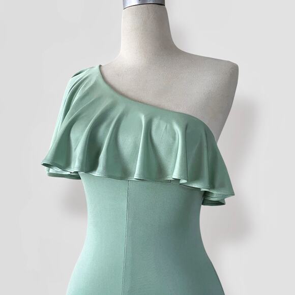 Vtg 70s Maxi Dress 10 Mint Green One Shoulder Ruffle Fairy Goddess Prom Gown - Picture 5 of 10